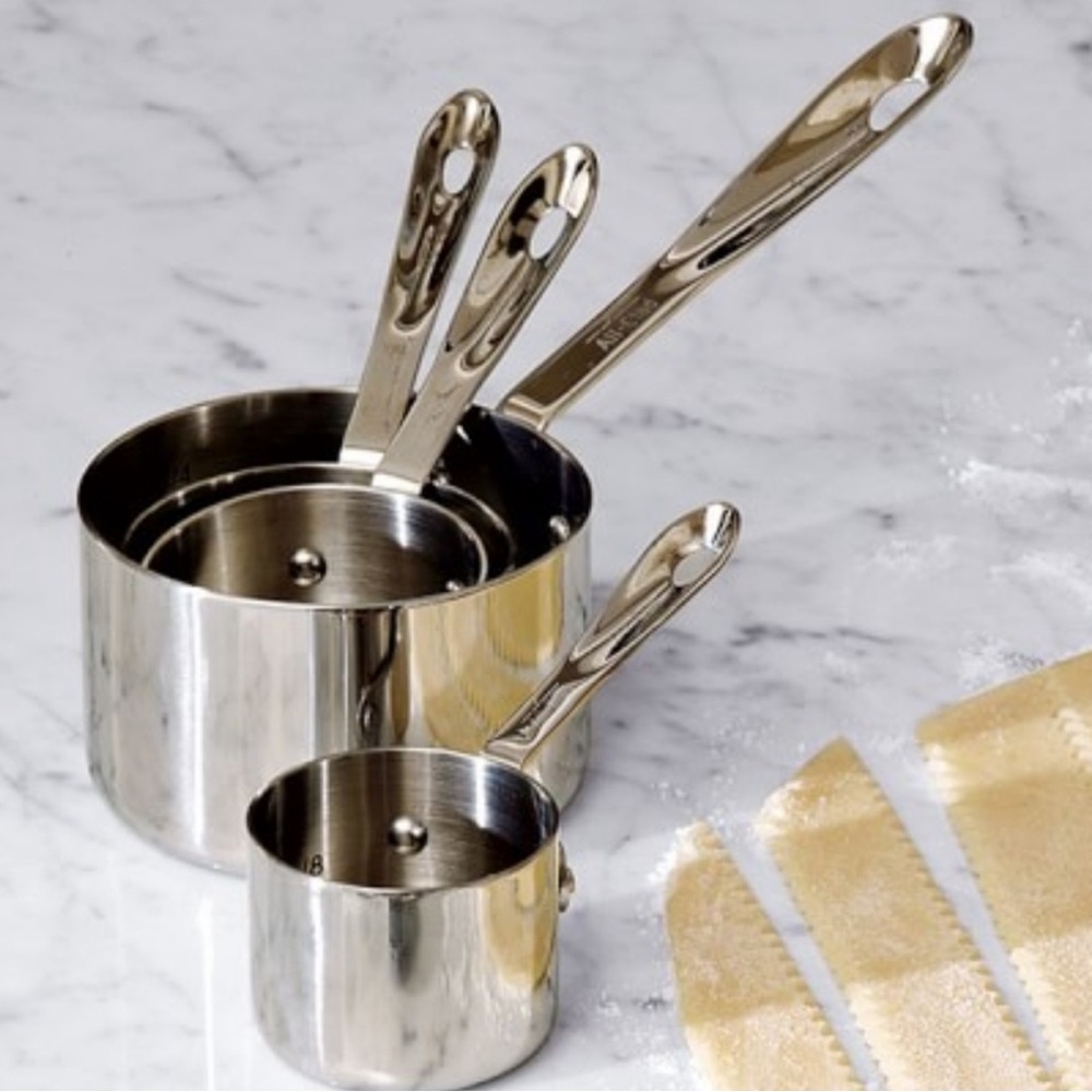 NWT All-Clad 4 Pc Stainless Steel Measuring Cups Set Silver Logo Ultra Durable